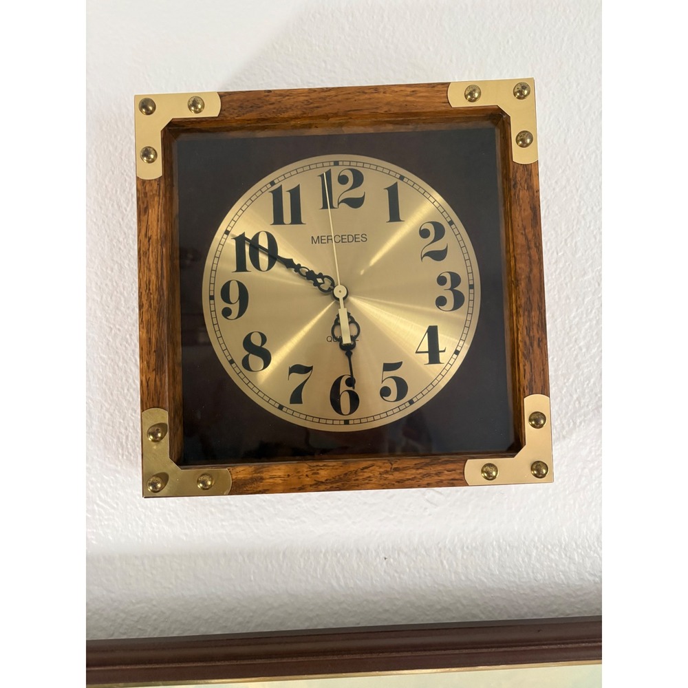 Vintage Mercedes Quartz Wall Clock Wood Brass Campaign Style Square Gold Dial